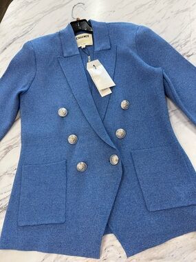 L'AGENCE Blue Double-Breasted Knit Blazer with Silver Buttons